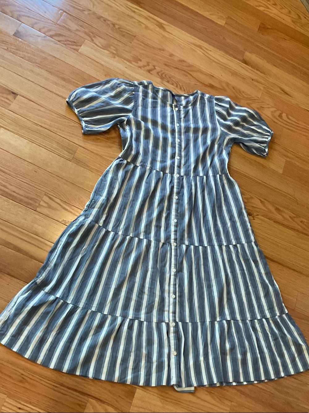 Old Navy Puff sleeve Striped Blue Midi Dress NWOT small bohemian flowy pockets - Picture 3 of 13